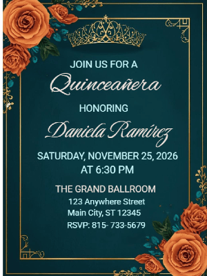 Luxurious Royal Elegant Teal Blue Burnt Orange Floral in Gold Quinceañera Invitation