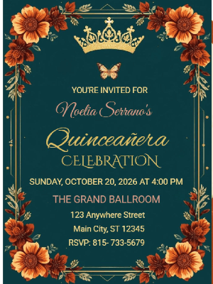 Luxurious Royal Elegant Teal Blue Burnt Orange Floral Butterfly in Gold Quinceañera Invitation