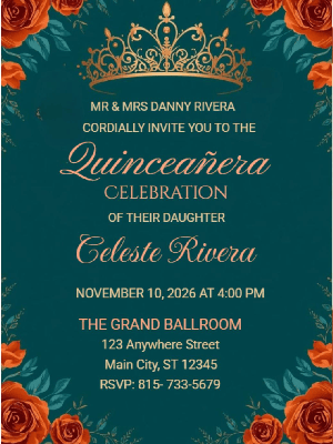 Elegant Modern Teal Blue Burnt Orange Floral in Silver Quinceañera Birthday Party Invitation 4