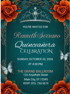 Luxurious Royal Elegant Teal Blue Burnt Orange Floral Butterfly in Gold Quinceañera Invitation 5