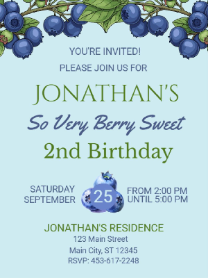 Berry Sweet Blueberry Theme Boy's Kids Birthday Invitation