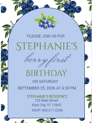 Berry Sweet Berry First Blueberry Theme Girl's Kids Birthday Invitation
