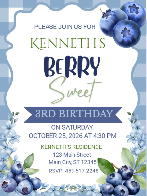 Gingham Berry Sweet Blueberry Theme Boy's Kids Birthday Invitation 5