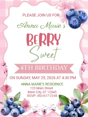 Gingham Berry Sweet Blueberry Theme Girl's Kids Birthday Invitation 6