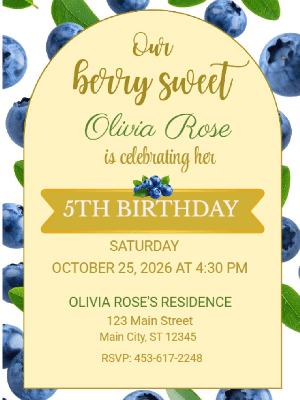 Berry Sweet Blueberry Theme Girl's Kids Birthday Invitation 7