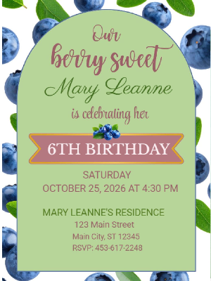 Berry Sweet Blueberry Theme Girl's Kids Birthday Invitation 8