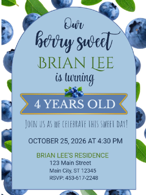 Berry Sweet Blueberry Theme Boys Kids Birthday Invitation 9