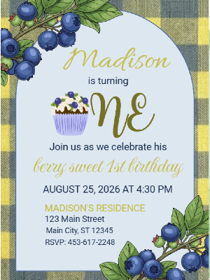 Gingham Berry Sweet Blueberry Theme Girls Kids Birthday Invitation 12