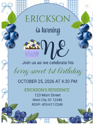 Gingham Coquette Berry Sweet Blueberry Theme Boys Kids Birthday Invitation 10