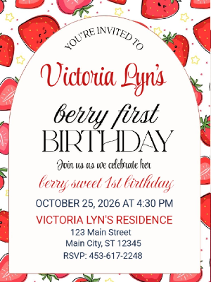 Strawberry Berry Sweet Berry First Girls Kids Birthday Invitation