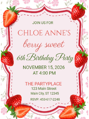 Berry Sweet Strawberry Theme Girls Kids Birthday Invitation 12