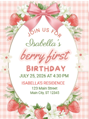 Pink Gingham Coquette Berry Sweet Berry First Strawberry Theme Girls Kids Birthday Invitation 3