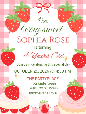 Pink Gingham Coquette Berry Sweet Strawberry Theme Girls Kids Birthday Invitation 4
