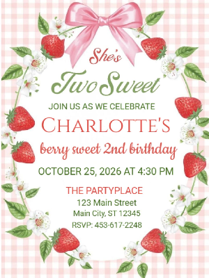 Pink Gingham Coquette Berry Sweet Too Sweet Strawberry Theme Girls Kids Birthday Invitation 6