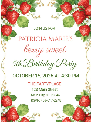 Berry Sweet Strawberry Theme Girls Kids Birthday Invitation 5