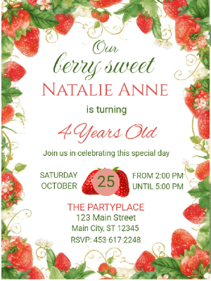 Berry Sweet Strawberry Theme Girls Kids Birthday Invitation 7