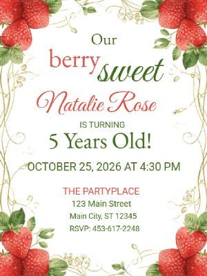 Berry Sweet Strawberry Theme Girls Kids Birthday Invitation 7