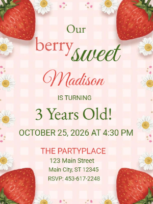 Pink Gingham Berry Sweet Strawberry Theme Girls Kids Birthday Invitation 10