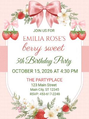 Coquette Berry Sweet Strawberry Theme Girls Kids Birthday Invitation 11