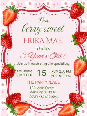 Berry Sweet Strawberry Theme Girls Kids Birthday Invitation 14