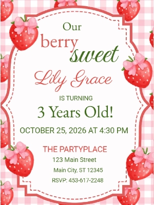 Pink Gingham Berry Sweet Strawberry Theme Girls Kids Birthday Invitation 15