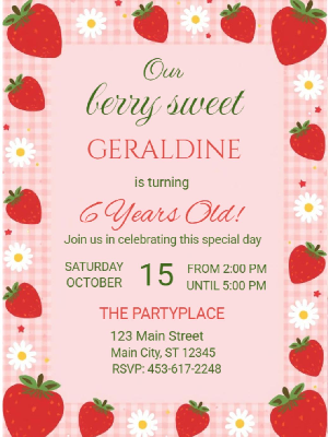 Berry Sweet Strawberry Theme Girls Kids Birthday Invitation 16