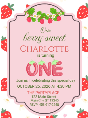 Berry Sweet Strawberry Theme Girls Kids Birthday Invitation 20