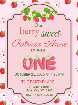 Berry Sweet Strawberry Theme Girls Kids Birthday Invitation 21
