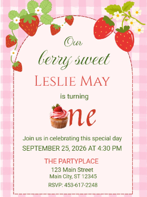 Berry Sweet Strawberry Theme Girls Kids Birthday Invitation 22