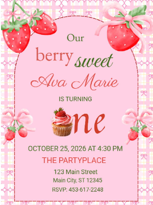 Berry Sweet Strawberry Theme Girls Kids Birthday Invitation 23