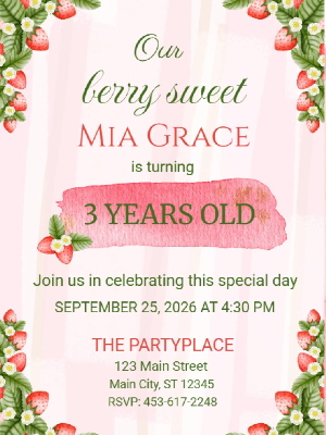 Berry Sweet Strawberry Theme Girls Kids Birthday Invitation 24