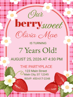 Pink Red Gingham Berry Sweet Strawberry Theme Girls Kids Birthday Invitation 25