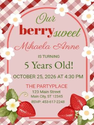 Red Gingham Berry Sweet Strawberry Theme Girls Kids Birthday Invitation 26