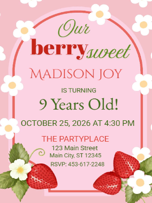 Berry Sweet Strawberry Theme Girls Kids Birthday Invitation 27