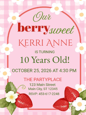 Pink Gingham Berry Sweet Strawberry Theme Girls Kids Birthday Invitation 28