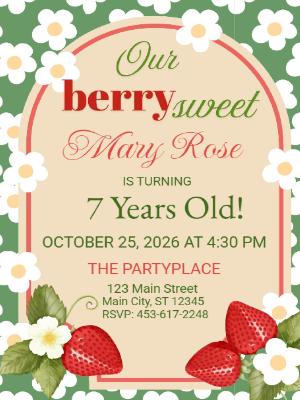 Berry Sweet Strawberry Theme Girls Kids Birthday Invitation 30