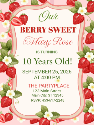 Berry Sweet Strawberry Theme Girls Kids Birthday Invitation 31