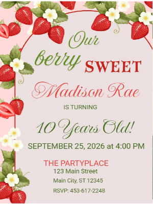 Berry Sweet Strawberry Theme Girls Kids Birthday Invitation 32