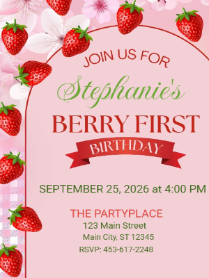 Berry Sweet Strawberry Theme Girls Kids Birthday Invitation 34