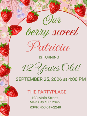 Berry Sweet Strawberry Theme Girls Kids Birthday Invitation 33
