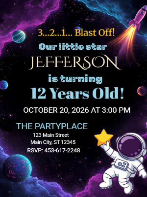 Neon Glow Astronaut Space Sky Planets Kids Boys Birthday Invitation 17