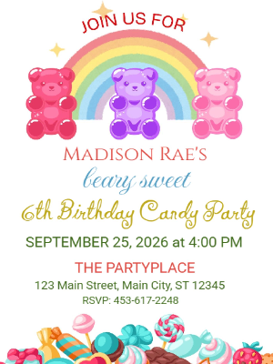 Beary Sweet Rainbow Gummy Bear Candy Party Girls Kids Birthday Invitation