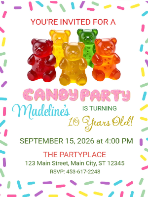 Beary Sweet Gummy Bear Candy Party Girls Kids Birthday Invitation