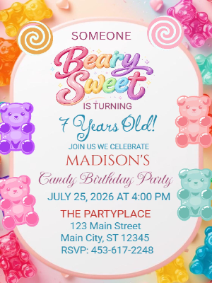 Beary Sweet Gummy Bear Candy Party Girls Kids Birthday Invitation 3
