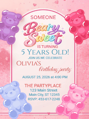 Beary Sweet Gummy Bear Candy Party Girls Kids Birthday Invitation 2