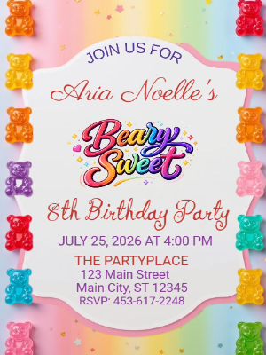 Beary Sweet Gummy Bear Candy Party Girls Kids Birthday Invitation 4