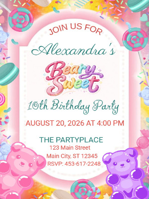 Beary Sweet Gummy Bear Candy Party Girls Kids Birthday Invitation 7