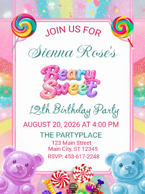 Beary Sweet Gummy Bear Candy Party Girls Kids Birthday Invitation 8