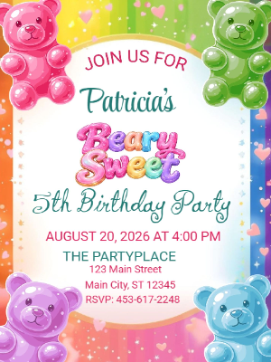 Beary Sweet Gummy Bear Candy Party Girls Kids Birthday Invitation 9