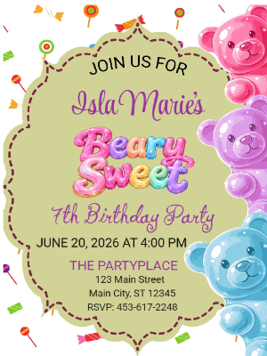 Beary Sweet Gummy Bear Candy Party Girls Kids Birthday Invitation 10